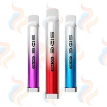 Three SKE 600 Pro vape devices in purple, red, and blue on a white background with smoke graphics.