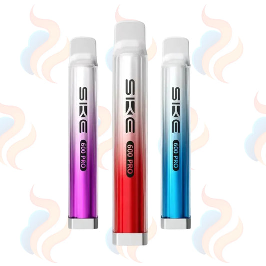 Three SKE 600 Pro vape devices in purple, red, and blue on a white background with smoke graphics.