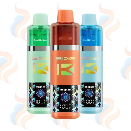 Three colourful SKE Pro Max 30K vape devices on a white background with subtle smoke effects.