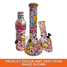 Three different sized colourful skull-patterned bongs on a white background