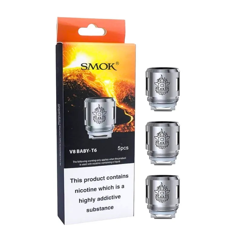 SMOK V8 BABY-T6 vaping coils packaging with three coils displayed on a white background.