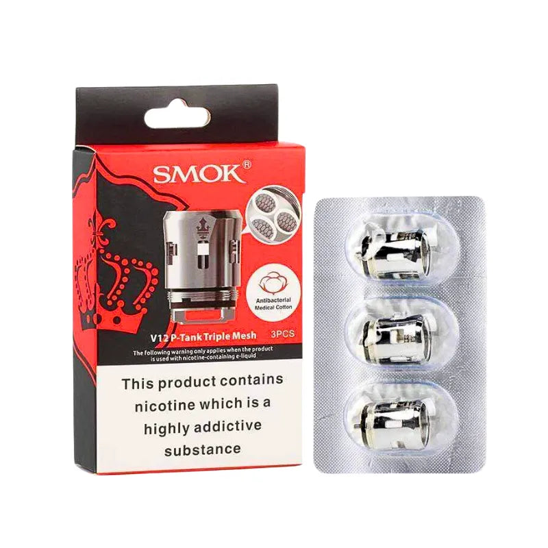 SMOK V12 prince Triple Mesh vaping coils packaging with red box and silver coils on a white background.