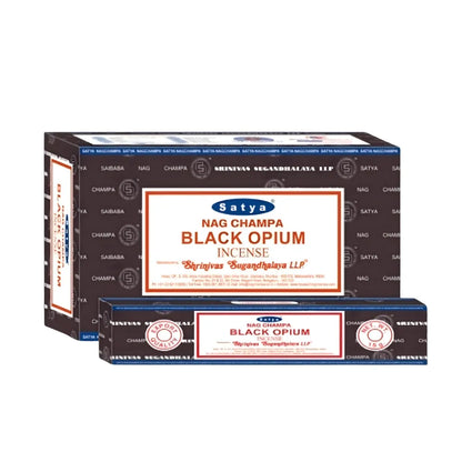 Box of 12pcs Nag Champa incense sticks in the scent "Black Opium" with branding on a white background