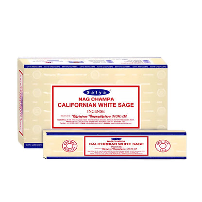 Box of 12pcs Nag Champa incense sticks in the scent "Californian White Sage" with branding on a white background