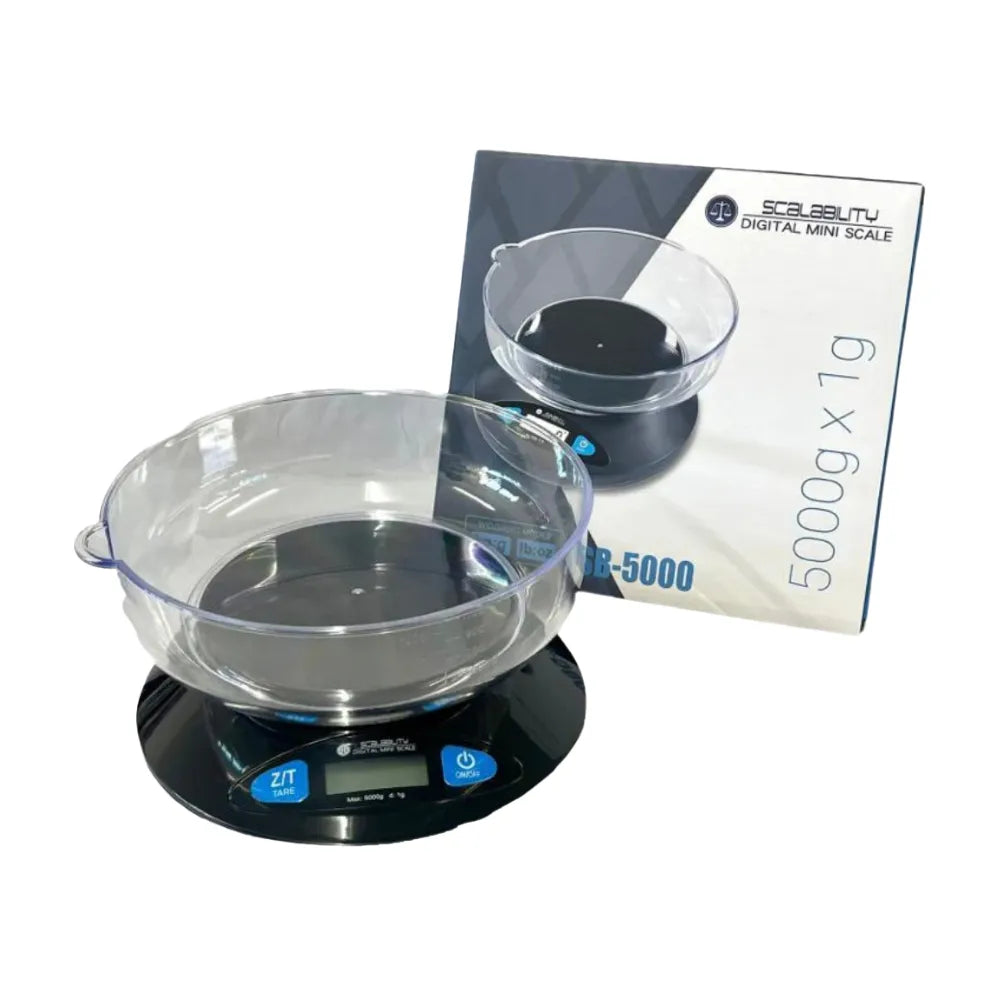 Scalability Digital Mini Bowl Scale SB-5000 packaging with a bowl scale beside on a white background