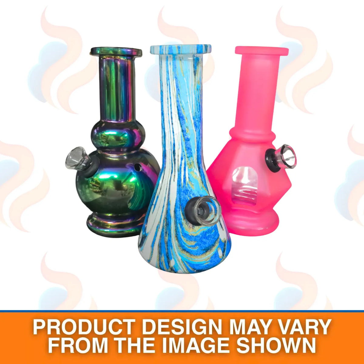 Three colourful glass smoking devices on a white background with smoke graphics.