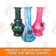 Three colourful glass smoking devices on a white background with smoke graphics.