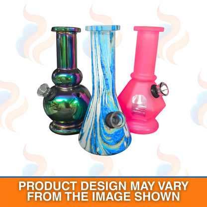 Three colourful glass smoking devices on a white background with smoke graphics.