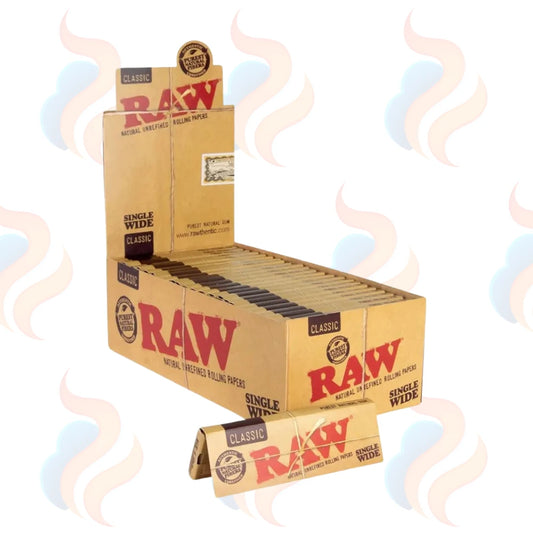 Open box of Raw rolling papers with a single pack on a white background with smoke graphics.