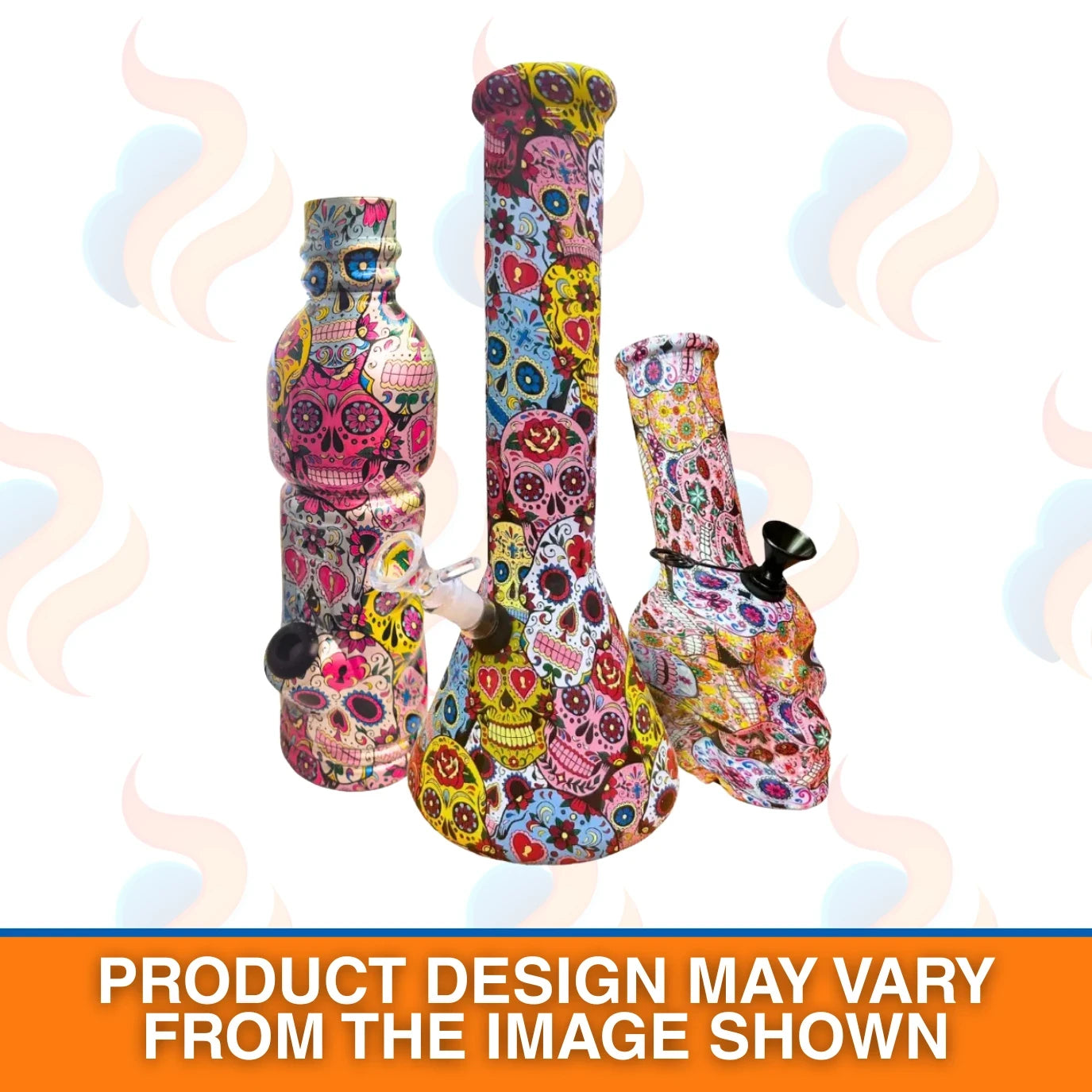 Colourful bong with sugar skull design on a white background