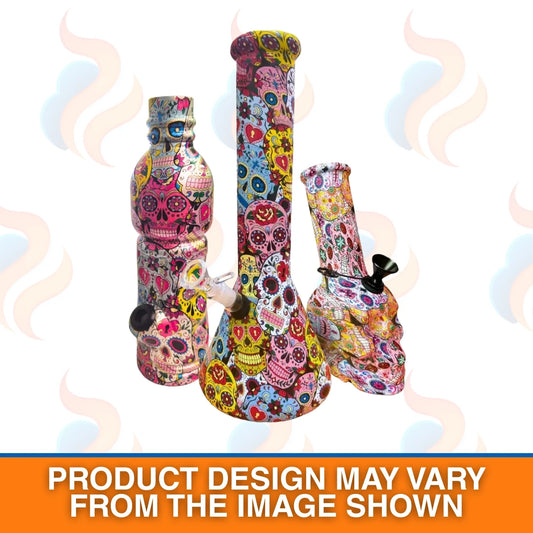 Colourful bong with sugar skull design on a white background