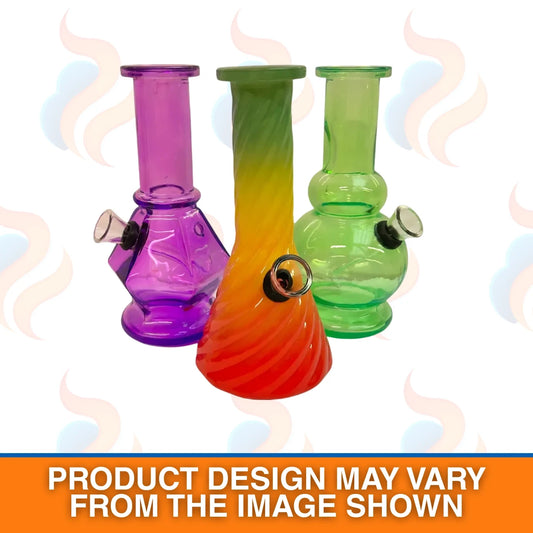 Three colourful glass smoking devices on a white background with smoke graphics.