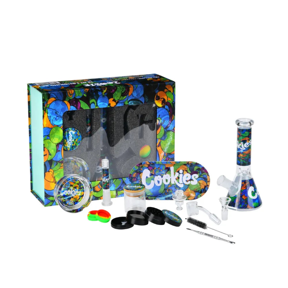 Bong set with colourful packaging featuring the brand 'Cookies' on a white background.
