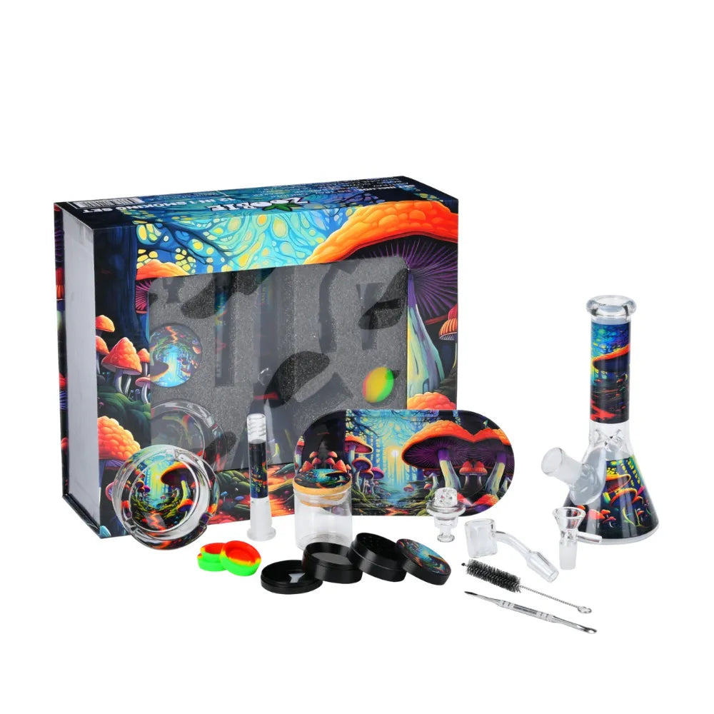 Colourful glass smoking accessory set with a box featuring mushroom designs on a white background.