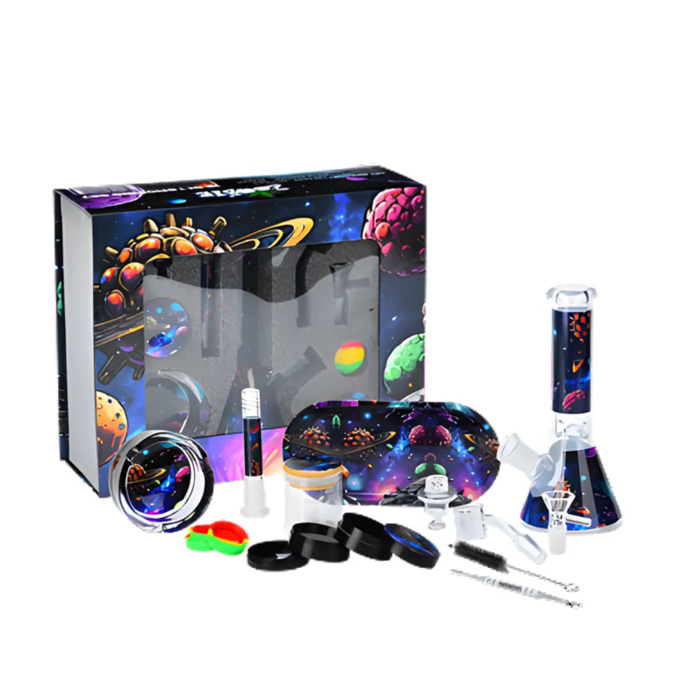 Colourful smoking accessory set with a prominent box on a white background