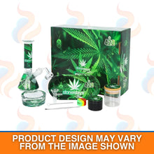 Stonerdays cannabis product set with packaging featuring marijuana leaves on a white background.
