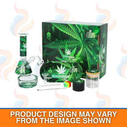 Stonerdays cannabis product set with packaging featuring marijuana leaves on a white background.