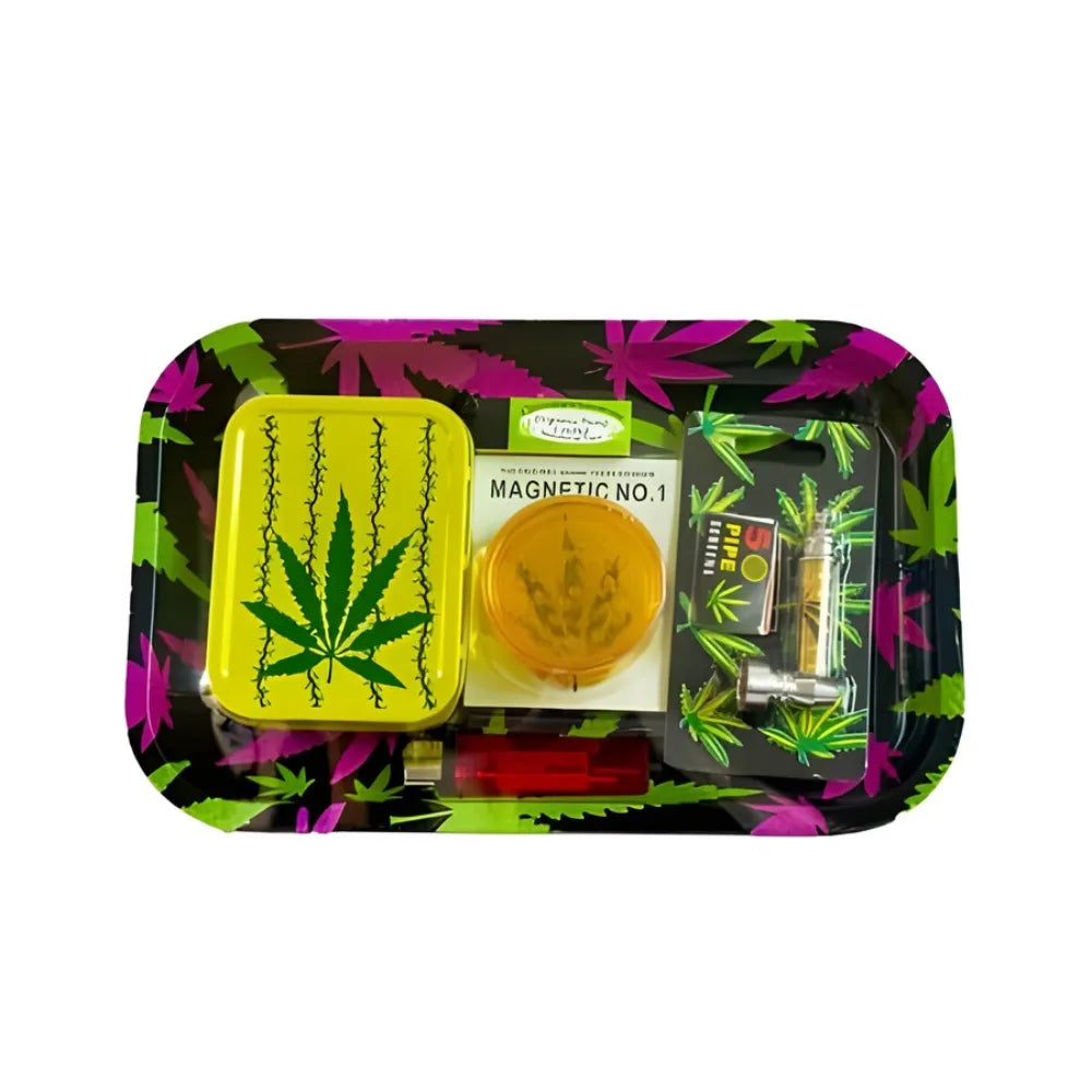 Set of smoking accessories on a tray with cannabis leaf design