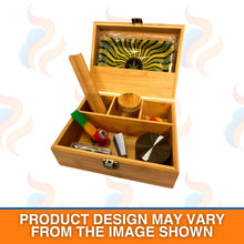 Wooden smoking accessory set with tools and a glass bowl in an open box on a white background.