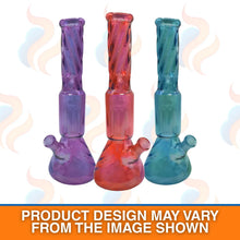 Three colourful glass smoking devices on a white background with text indicating product design may vary.