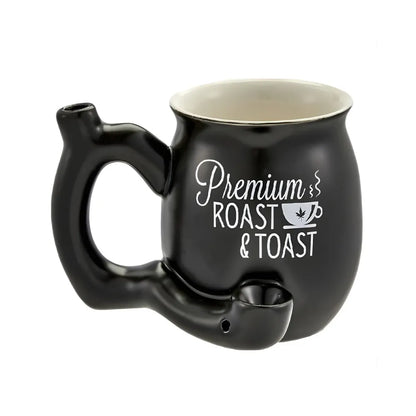 Black mug with smoking pipe handle and 'Premium Roast & Toast' text on a white background