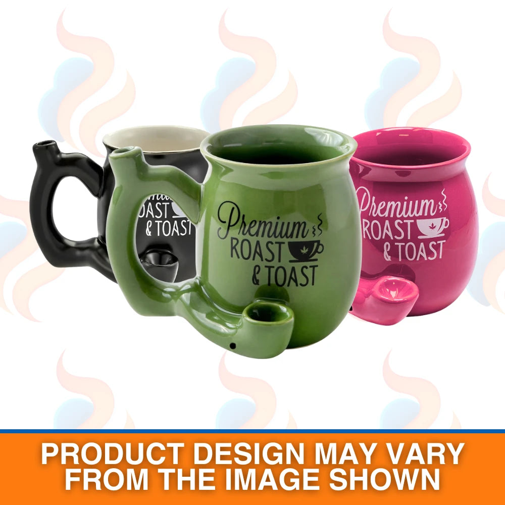 Three mugs with text designs on a white background