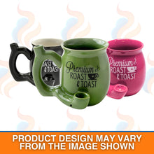 Three mugs with text designs on a white background