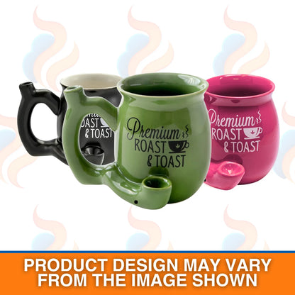 Three mugs with text designs on a white background
