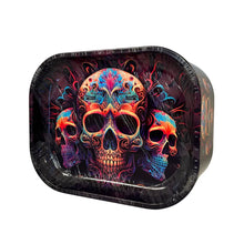 Skull-themed metal box with colourful design on a white background