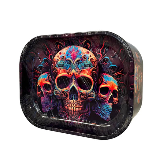 Skull-themed metal box with colourful design on a white background