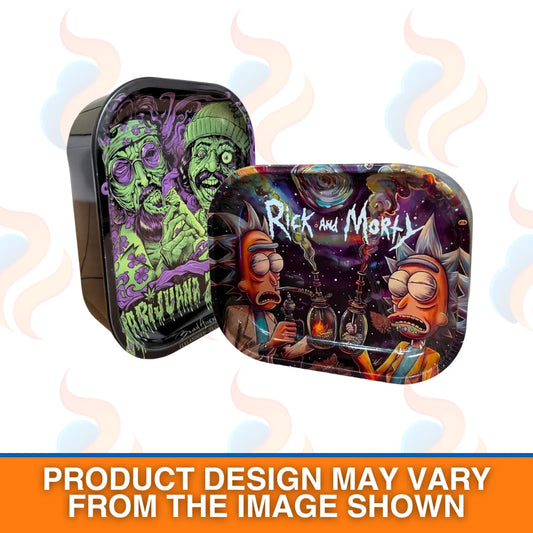 Two 'R&M' themed cases with colourful designs on a white background.