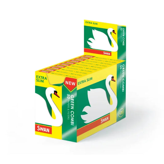 Box of Swan "green combi" filter tips with green and yellow design on a white background
