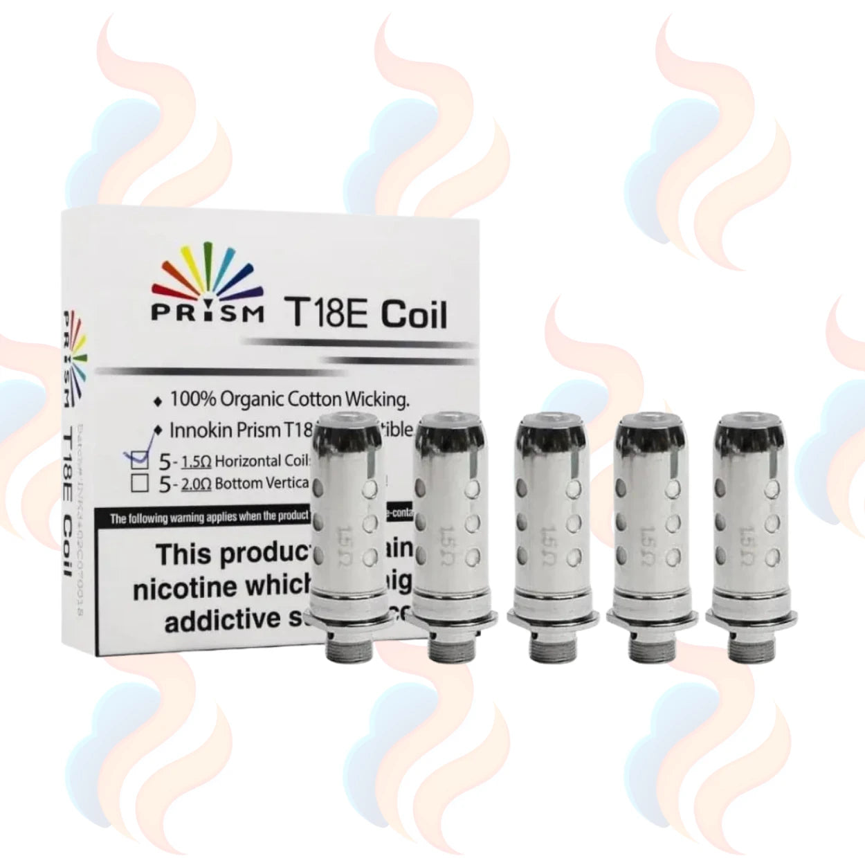 Prism T18E Coil packaging with four coils on a white background