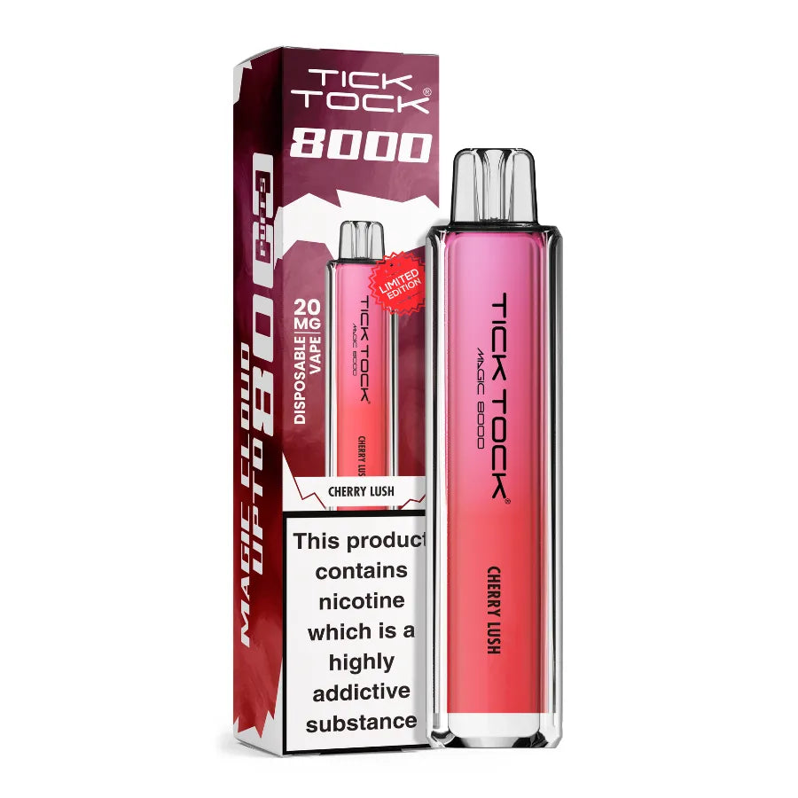 Pink vape device with 'Tick Tock' branding and packaging on a white background