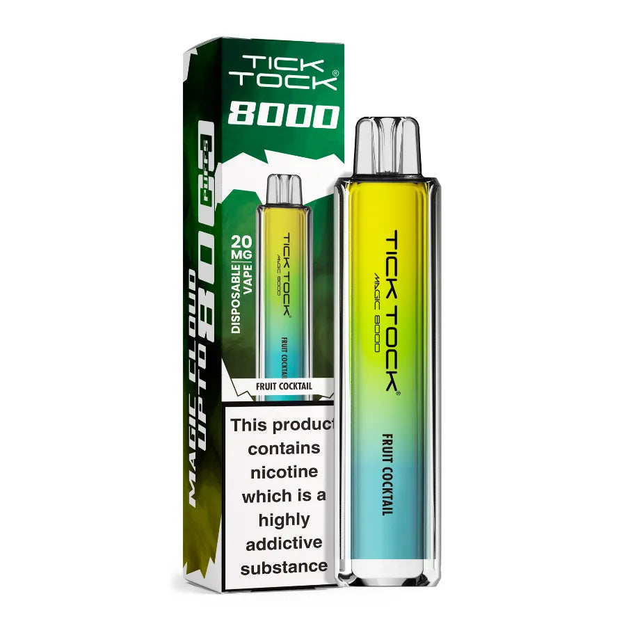 Tick Tock 8000 vape device and packaging on a white background