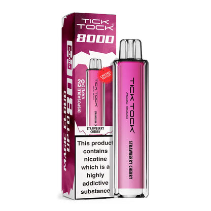 Pink vape device with 'Tick Tock' branding and packaging on a white background