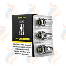 VooPoo TPP-DM2 vaping device packaging with nicotine warning label on a white background