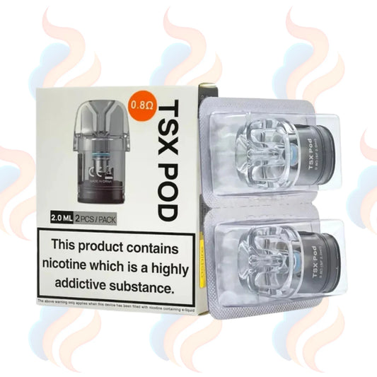 TSX Pod packaging with nicotine warning label on a white background