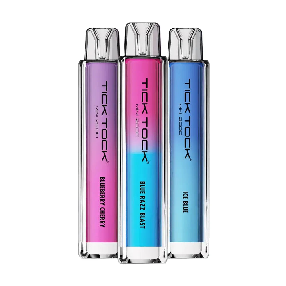 Three colorful 'Tick Tock' vape devices on a white background