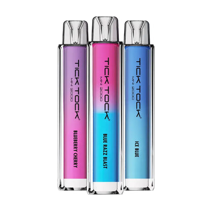 Three colorful 'Tick Tock' vape devices on a white background