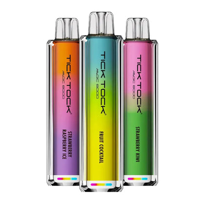 Three colorful 'Tick Tock' vape devices on a white background