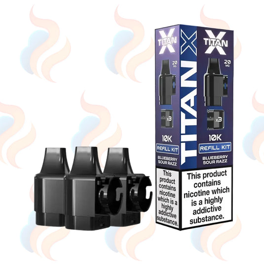Three Titan X 10k vape refill pods with packaging on a white background.