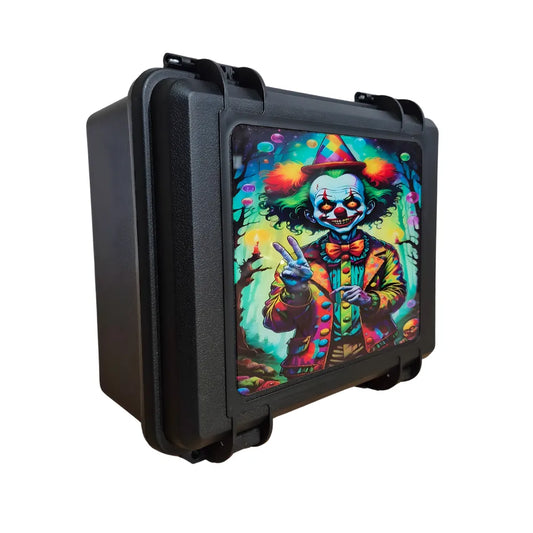 Black protective case with a colourful clown design on a white background