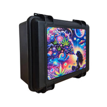 Black protective case with a colourful psychedelic design on a white background
