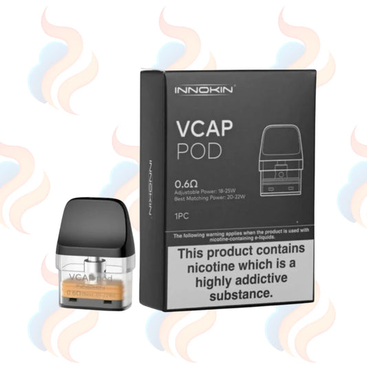 Innokin VCAP pod and packaging on a white background with smoke effects