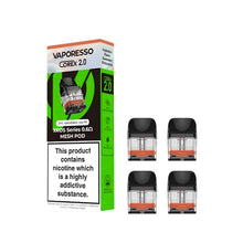 Four Vaporesso Corex 2.0 Version pod vape cartridges beside packaging 