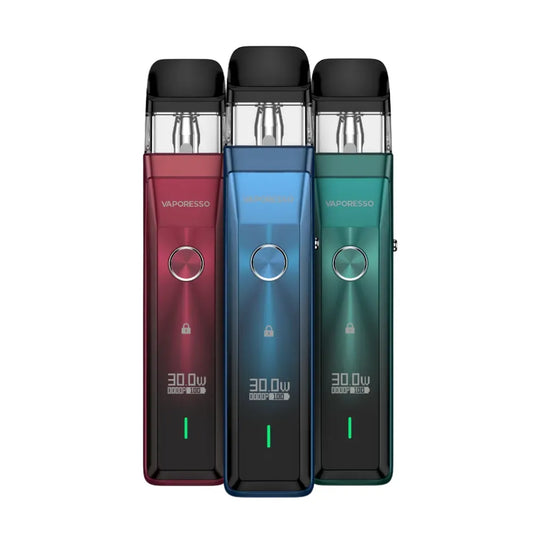 Three Vaporesso vaping devices in red, blue, and green on a white background