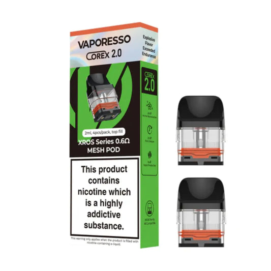 Vaporesso Corex 2.0 mesh pod packaging with nicotine warning label on a white background