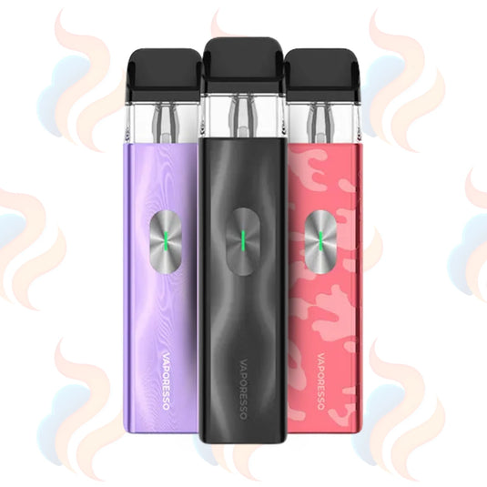 Three Vaporesso vaping devices in purple, black, and red on a light blue background with subtle smoke graphics.