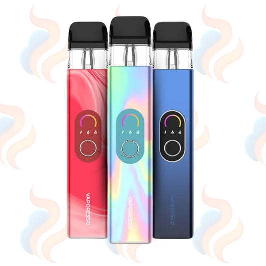 Three Vaporesso Xros 4 vaping devices in red, rainbow, and blue on a light blue background with subtle cloud designs.